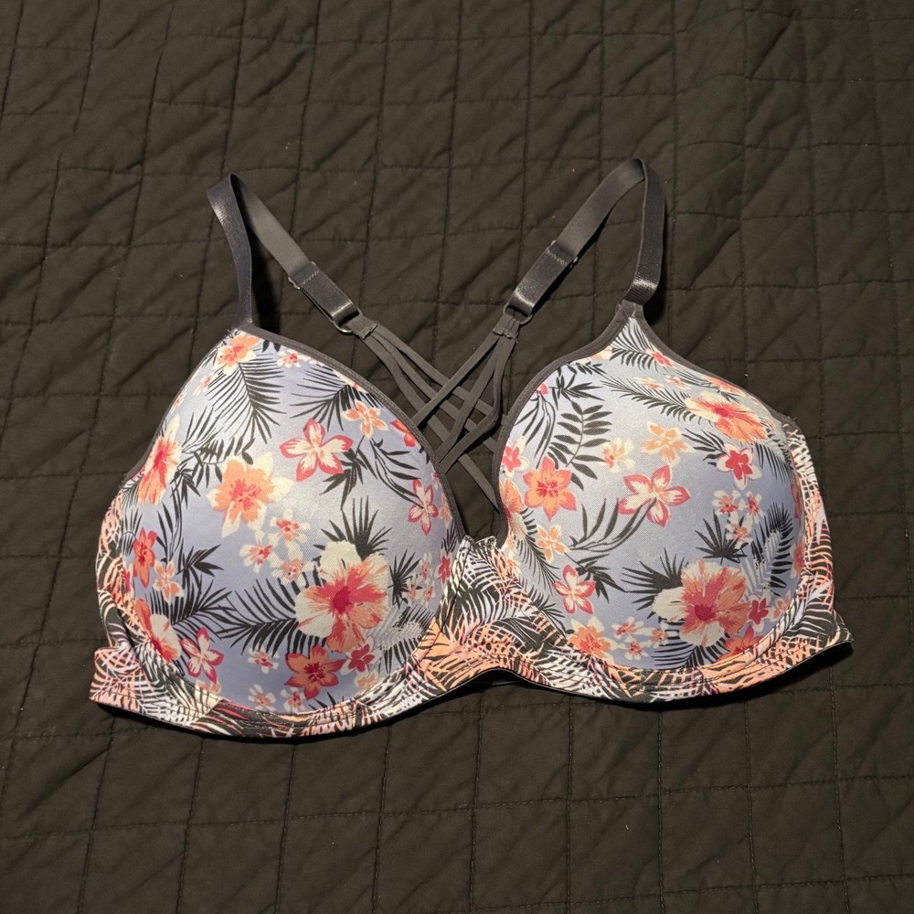 Just Be Womens 42D Floral Tropical T-Shirt Bra Gray Pink Orange Strappy Detail
